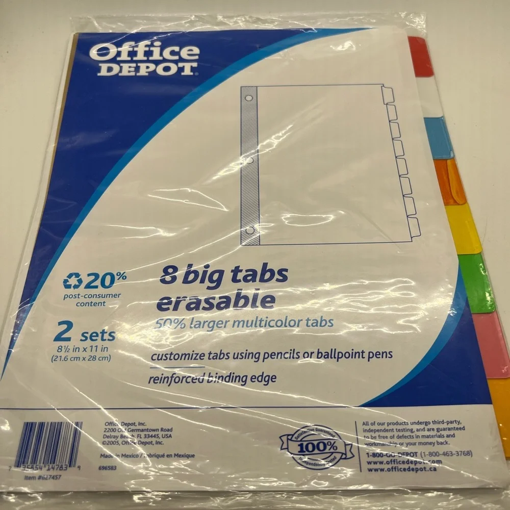 NWT Office Depot 8 Big Erasable Tabs Two Sets (16 total) multicolor.Customizable
